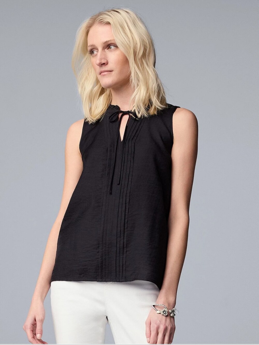 Simply Vera Vera Wang Black Tie-Front Pintuck Sleeveless Shell Top Size Large